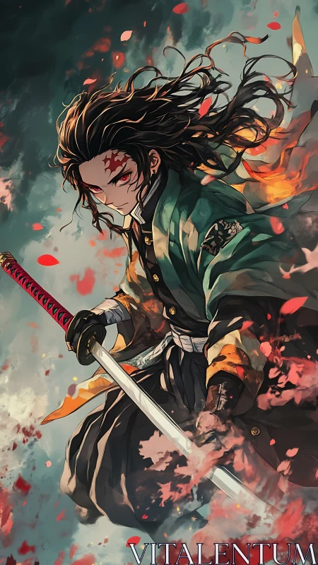Sword-wielding warrior in storm of red petals and fire.