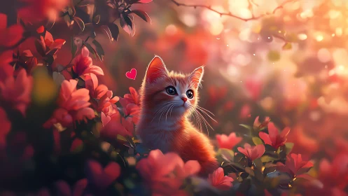 Kitten in Crimson Blossom Garden with Hearts.