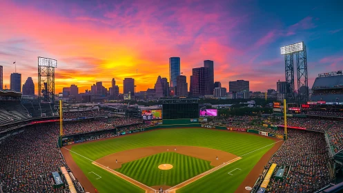 Sunset baseball game glowing against a welcoming city skyline.