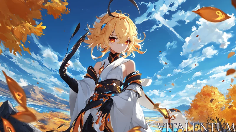Autumn landscape with anime girl in white and black robes.