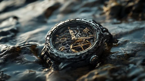 Photorealistic skeleton watch on wet rock with macro depth of field.