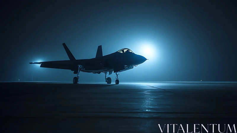 Stealth jet waiting in glowing blue midnight mist on runway.