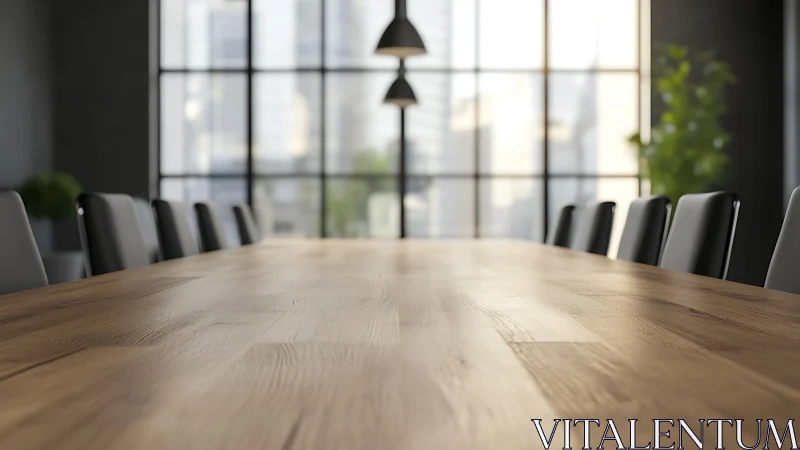 Modern conference room with expansive gridded windows and minimalist design