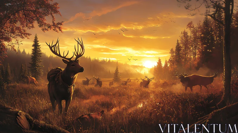 Stag herd crossing misty autumn meadow at sunrise.
