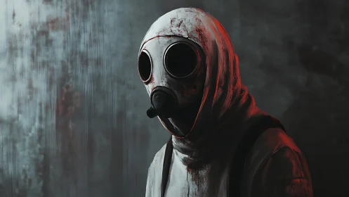 Contaminated sentinel in bloodstained hazmat respirator suit.