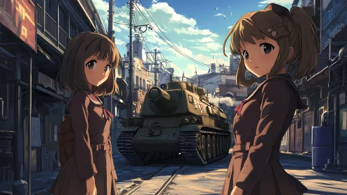 Urban alley confrontation with schoolgirls and armored tank