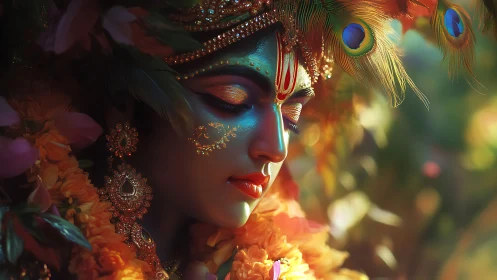 Peacock-feathered divinity dreams in marigold-tinted light