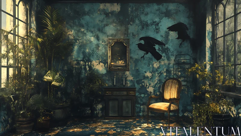 Decayed conservatory interior contrasts flight of crow silhouettes