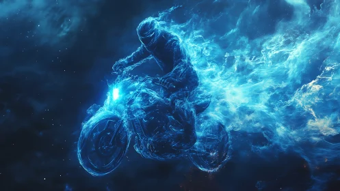 Cosmic blue rider blazing through a swirling night sky.