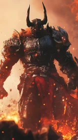 Armored demon warlord strides through molten battlefield inferno
