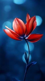 Red tulip glows sharply against deep blue bokeh background