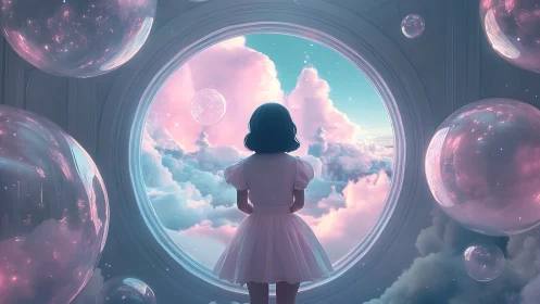 Aperture-bound girl surveying iridescent stratocumulus nebulae.