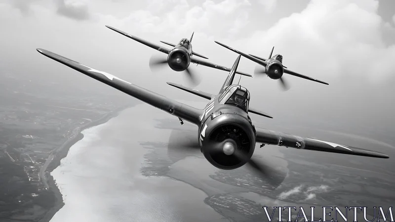 Vintage warplanes slice through clouded sky in formation.