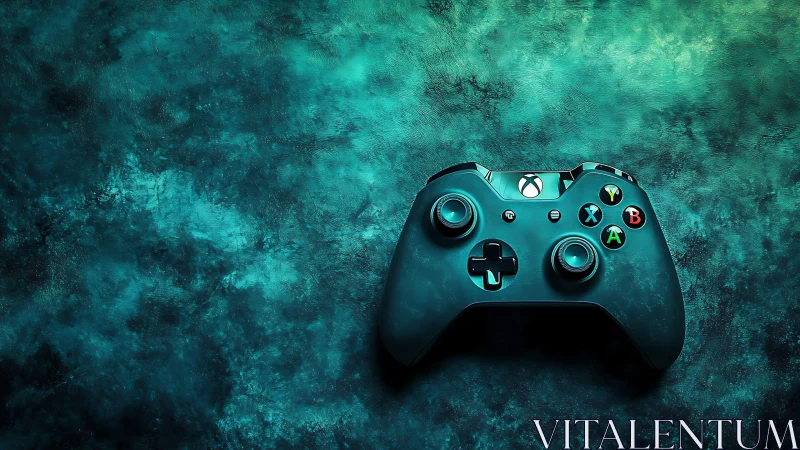Teal gaming controller commands digital worlds from weathered surface