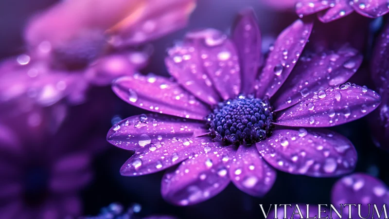 Luminous purple flowers glistening with morning dewdrops