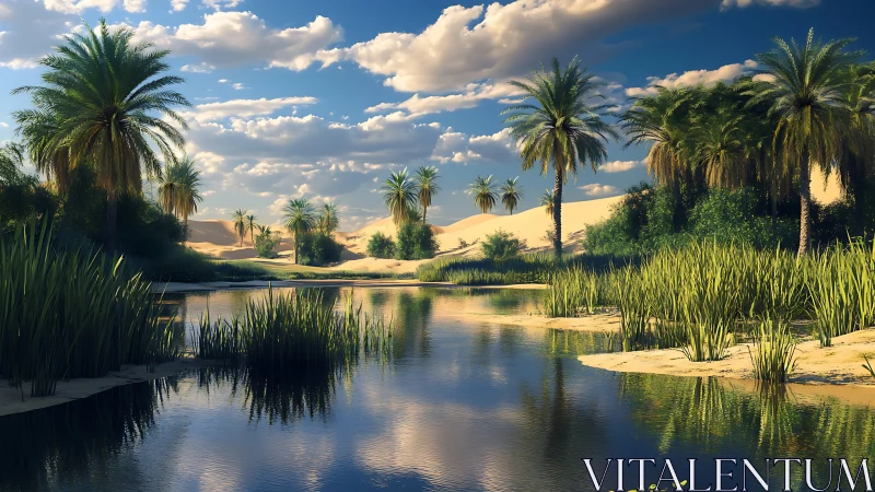 Desert oasis mirrors drifting clouds in glassy, windless water