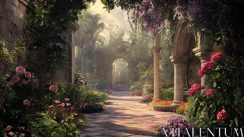 Sunlit stone colonnade winding through an enchanted rose garden.