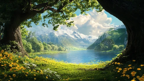 Mountain lake framed by oak trees under golden daylight.