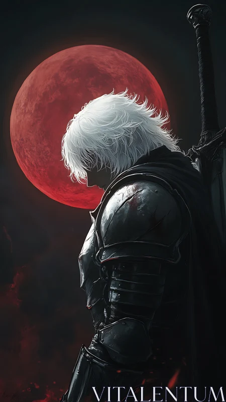 Solemn white-haired knight under a haunting crimson moon.