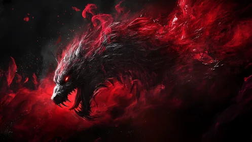 Ferocious red spirit wolf emerging in dynamic smoke forms.