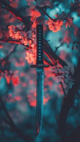 Samurai blade glows amid neon-lit cherry blossoms at dusk.