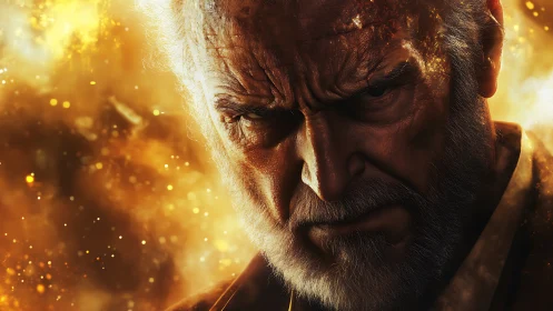 Elder warrior glowers through molten golden embers. Period.