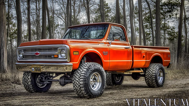 Restored lifted orange classic pickup truck in forest setting.