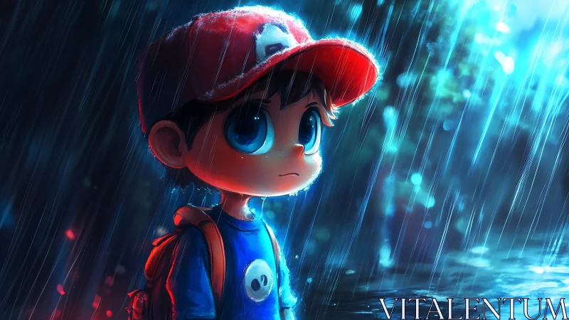 Rain-soaked dreamer boy under neon stormlight.