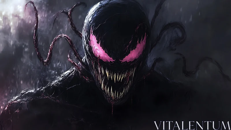 Alien symbiote lunges from shadows with glowing pink eyes