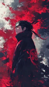 Stoic anime warrior stands against swirling red storm sky.