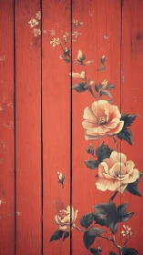 Vintage rose mural on distressed vertical red wooden planks
