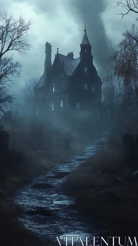 Gothic mansion in dense ground fog with backlit storm clouds