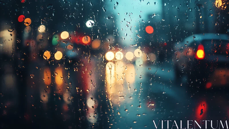 Rain streaks blur city traffic lights into glowing bokeh haze.