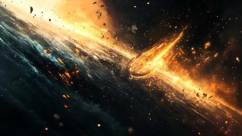 Fiery asteroid impact tears across a dark alien surface.