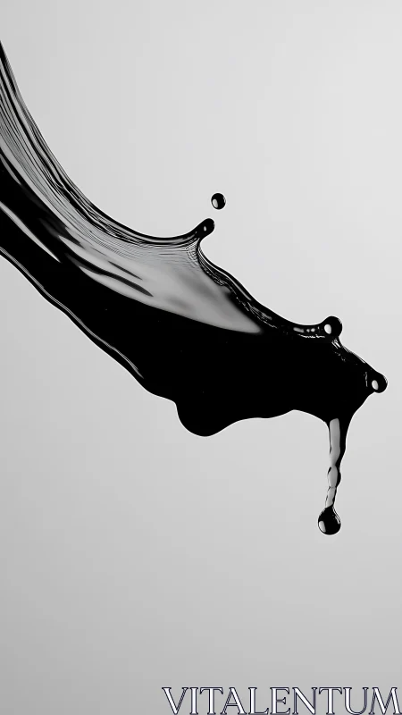 Minimalist photorealistic black liquid arc on pale backdrop.