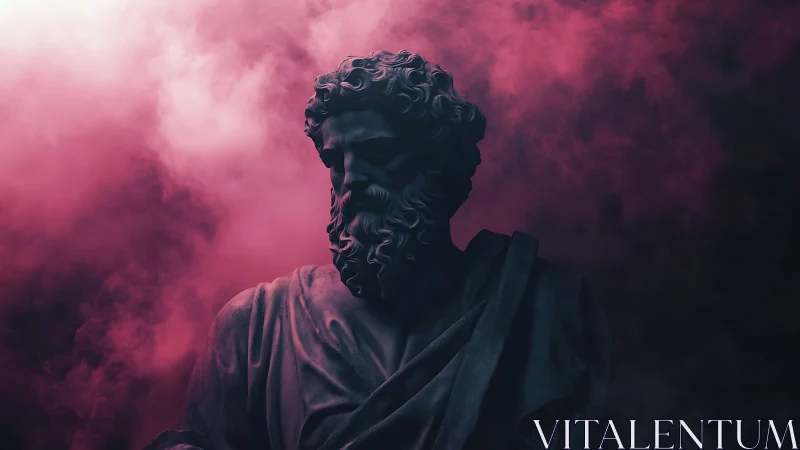 Classical marble bust emerges from magenta volumetric fog lighting