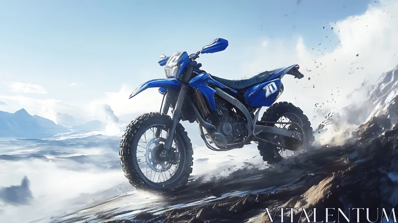 Bold blue dirt bike stands high against icy mountain skies