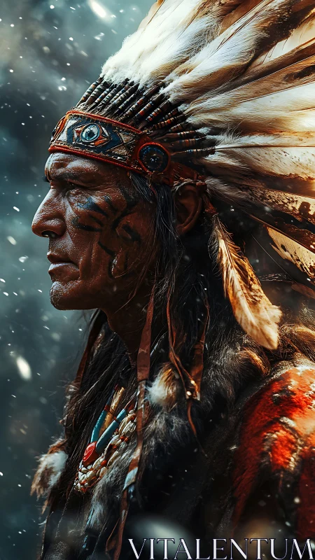 Profile portrait of man in feathered headdress in snow.