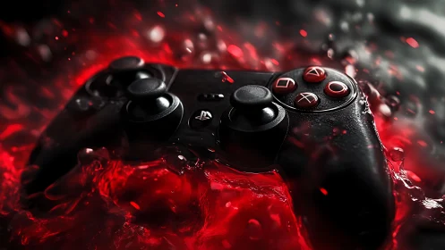 Game controller in red liquid with dramatic lighting.