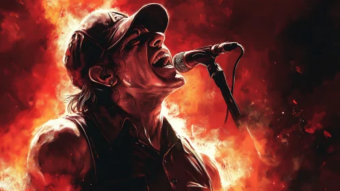 Rock vocalist illuminated by fiery backlight in digital painting