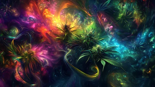Dreamy cosmic garden of swirling neon leaves and light.