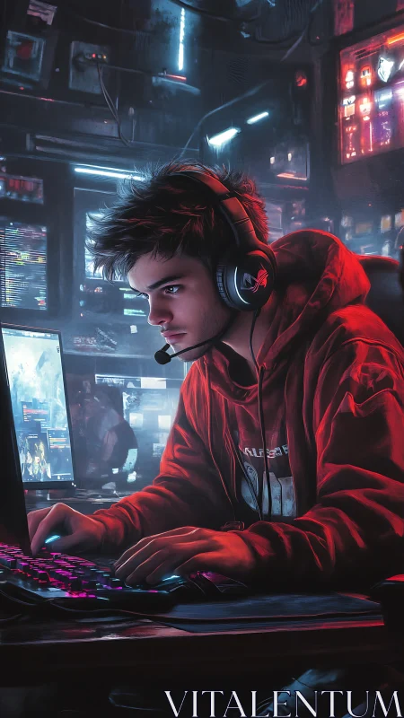 Gaming workstation with focused player and neon lighting.