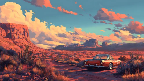 Sunlit desert cruise with a classic car and painted sky.