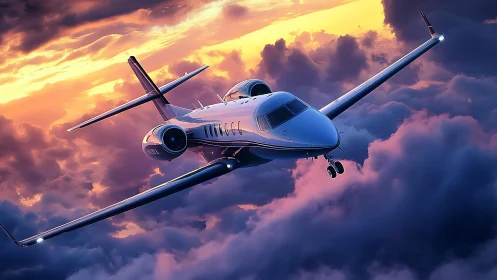 Digital painting of private jet piercing sunset cumulonimbus.