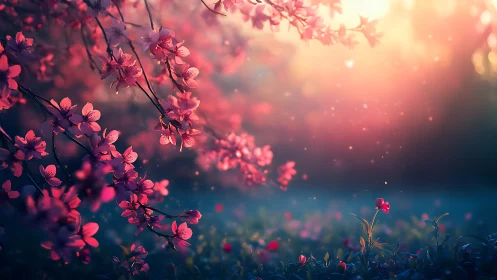 Pink flowering trees with warm golden light bokeh effect