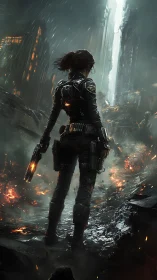 Tactical operative in burning cyber-ruins under vertical light column.