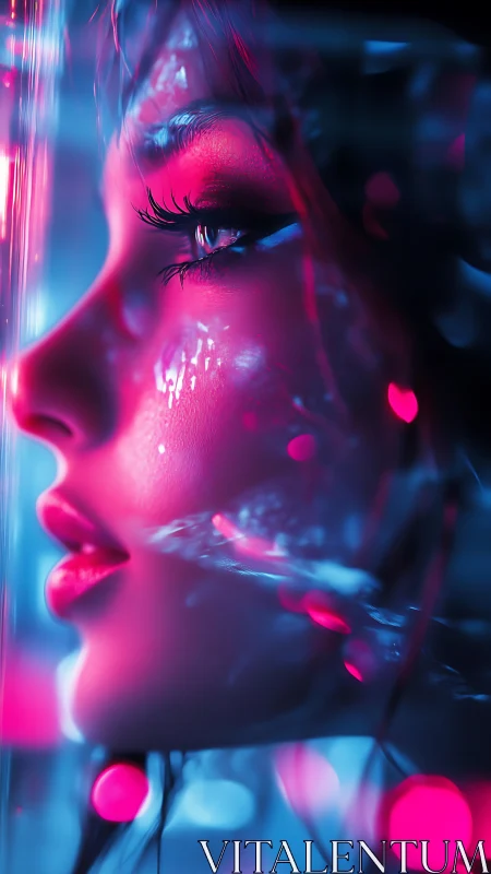 Neon-lit cyber portrait captures longing in electric glow