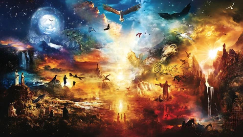 Symbolic cosmic landscape with divided celestial realms.