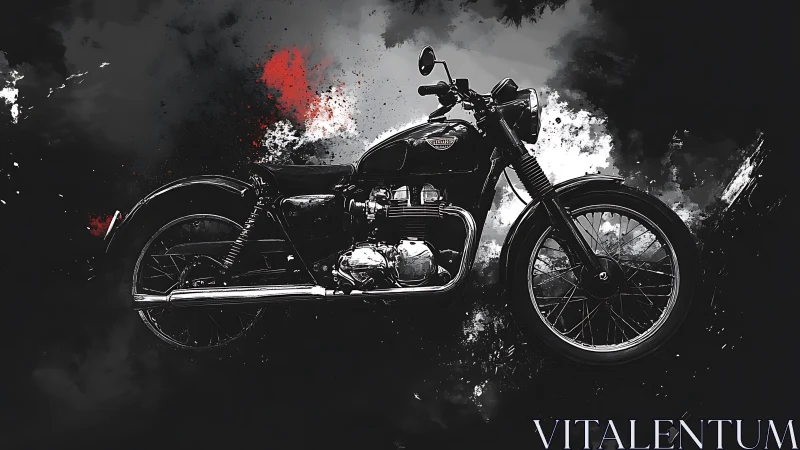 Classic motorcycle side view on dark splattered backdrop.