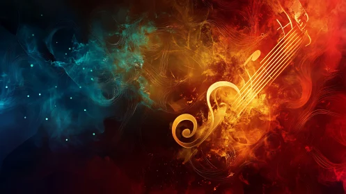 Fiery digital violin silhouette with swirling musical energy.